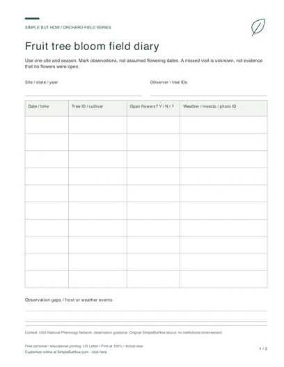 Free Fruit Tree Bloom Diary PDF - actual first-page preview