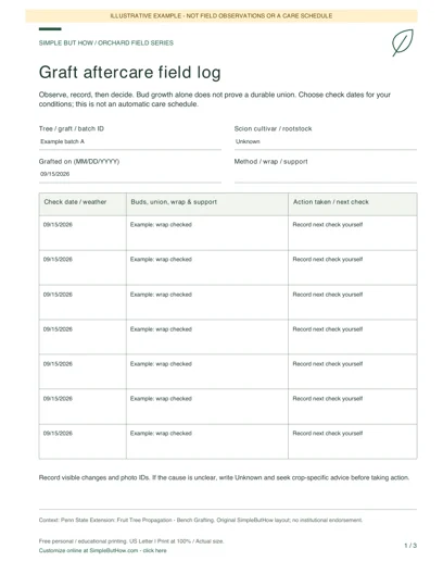 Filled example of the graft-aftercare worksheet; sample entries only