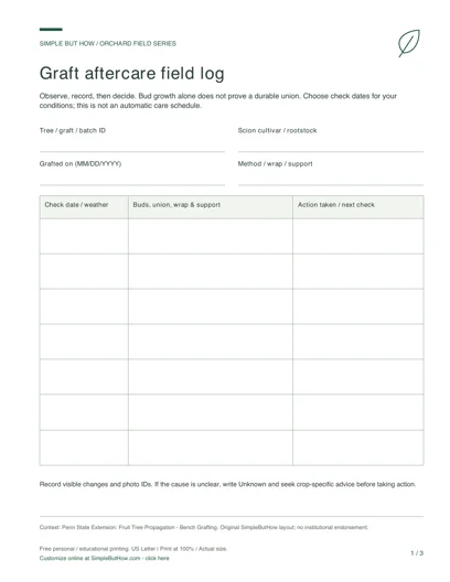 Free Graft Aftercare Log PDF - actual first-page preview