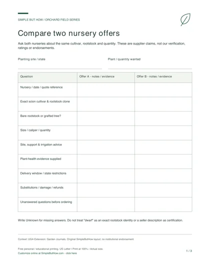 Free Nursery Comparison Worksheet PDF - actual first-page preview