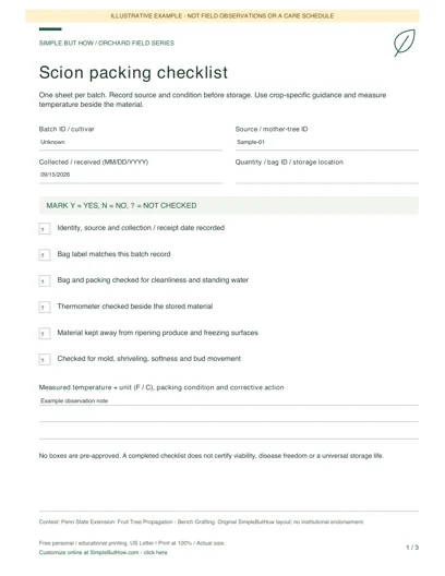 Filled example of the scion-storage worksheet; sample entries only