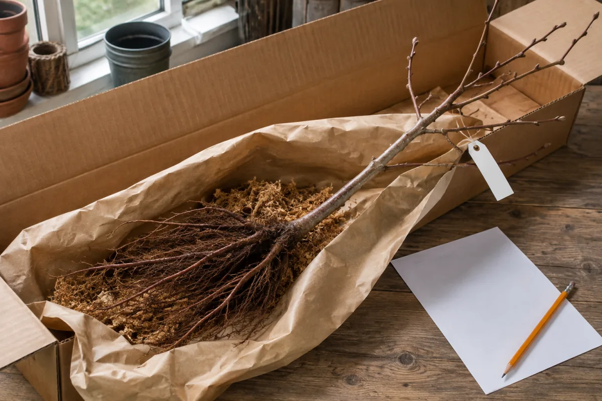 AI illustration of a dormant bare-root sapling partly unpacked from a cardboard box beside a blank order sheet.