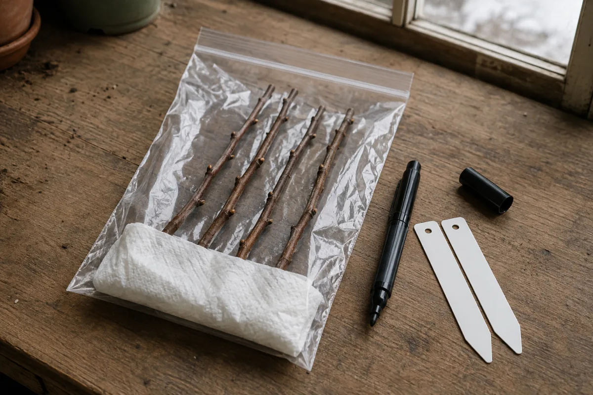AI illustration of dormant scion shoots in a sealed clear bag with paper packing, a marker and blank plant labels.