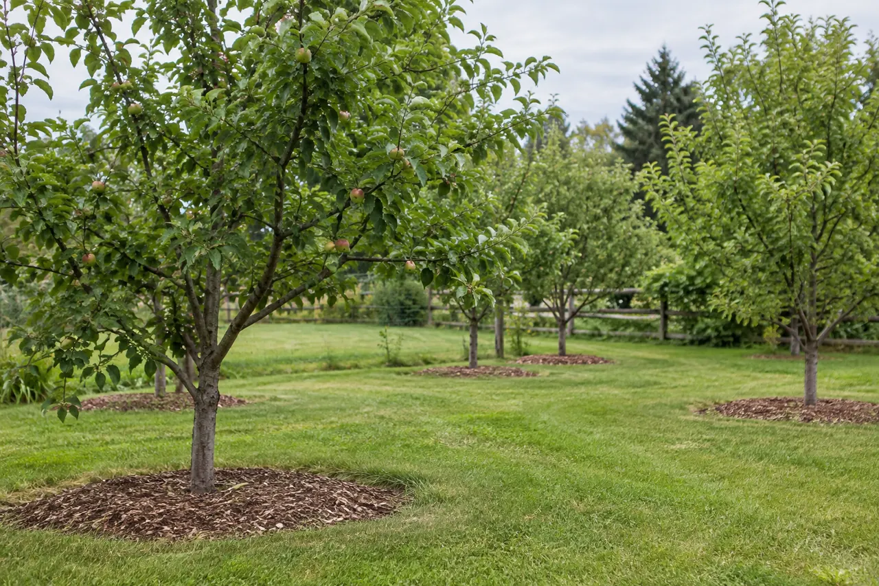 Small backyard apple orchard with grassy paths and a timber fence.