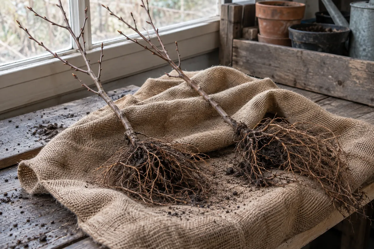 Two dormant nursery trees with branching roots resting on burlap.