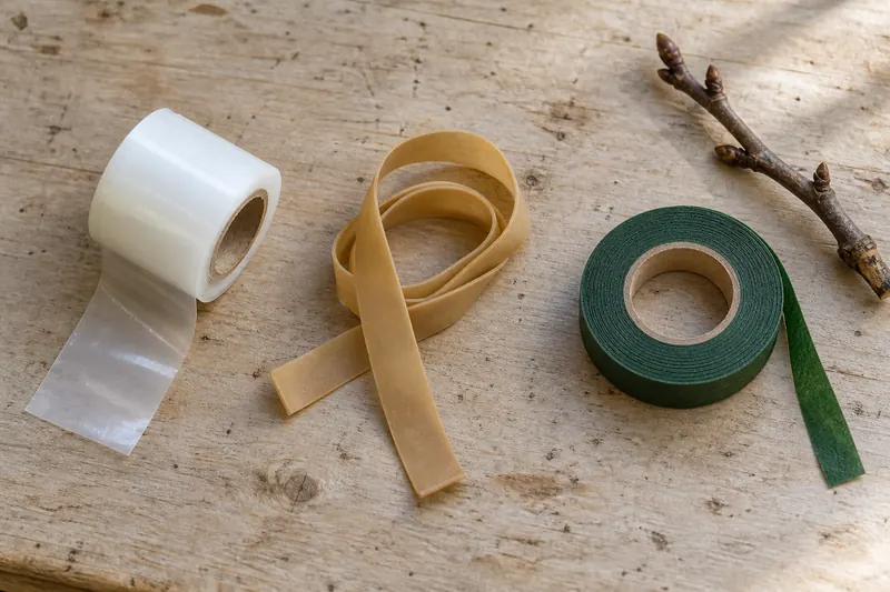 Translucent film, a tan rubber strip and green tying tape arranged separately on wood.