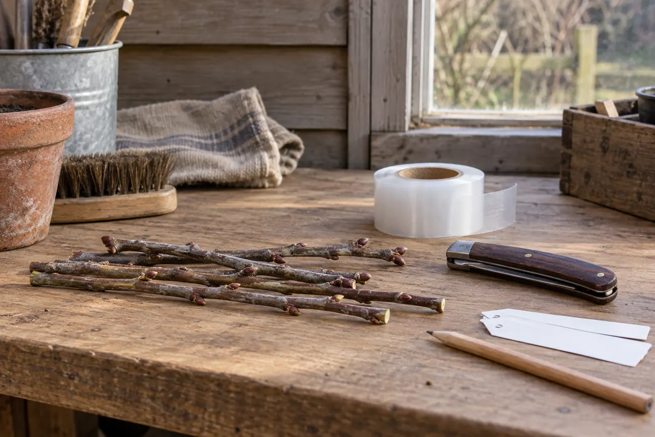 Dormant twigs, a closed folding knife, unbranded film and blank tags on a wooden workbench.