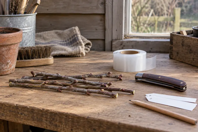Dormant twigs, a closed folding knife, unbranded film and blank tags on a wooden workbench.