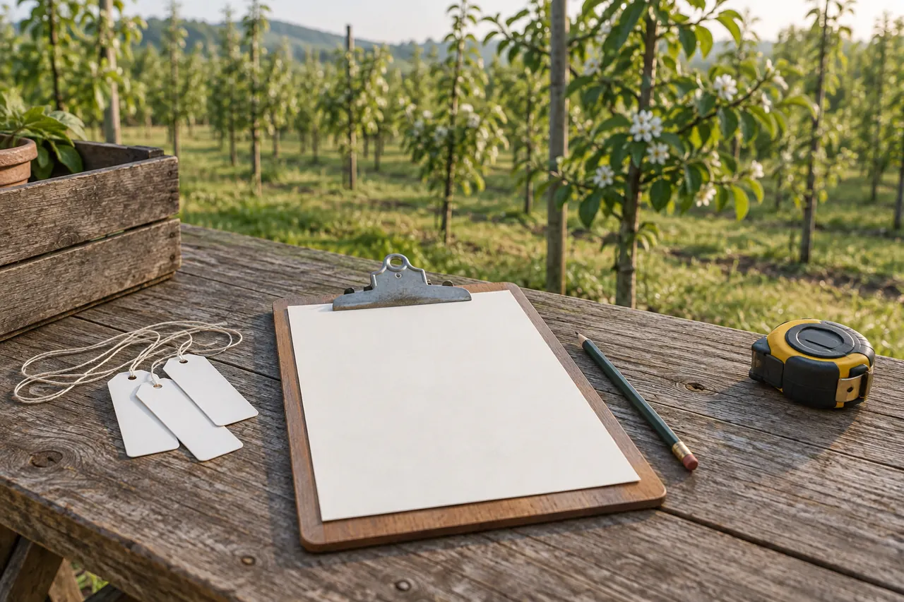 A blank clipboard, pencil, plain plant tags and a closed tape measure on a garden table.
