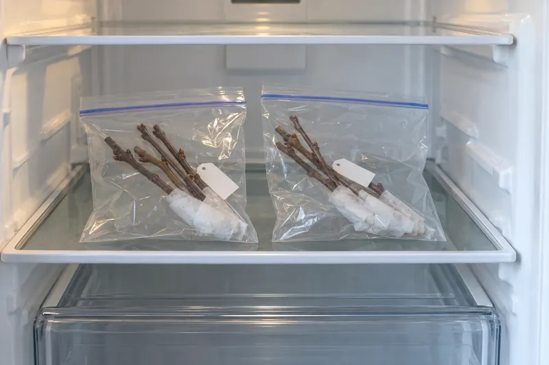 Sealed bags of leafless twigs with paper packing and blank labels on a refrigerator shelf.