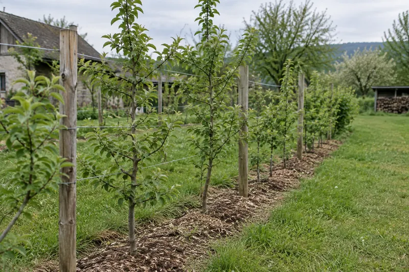 A row of slender young apple trees beside timber posts and horizontal support wires.