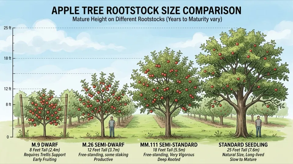Illustrated relative size comparison of common apple rootstock classes