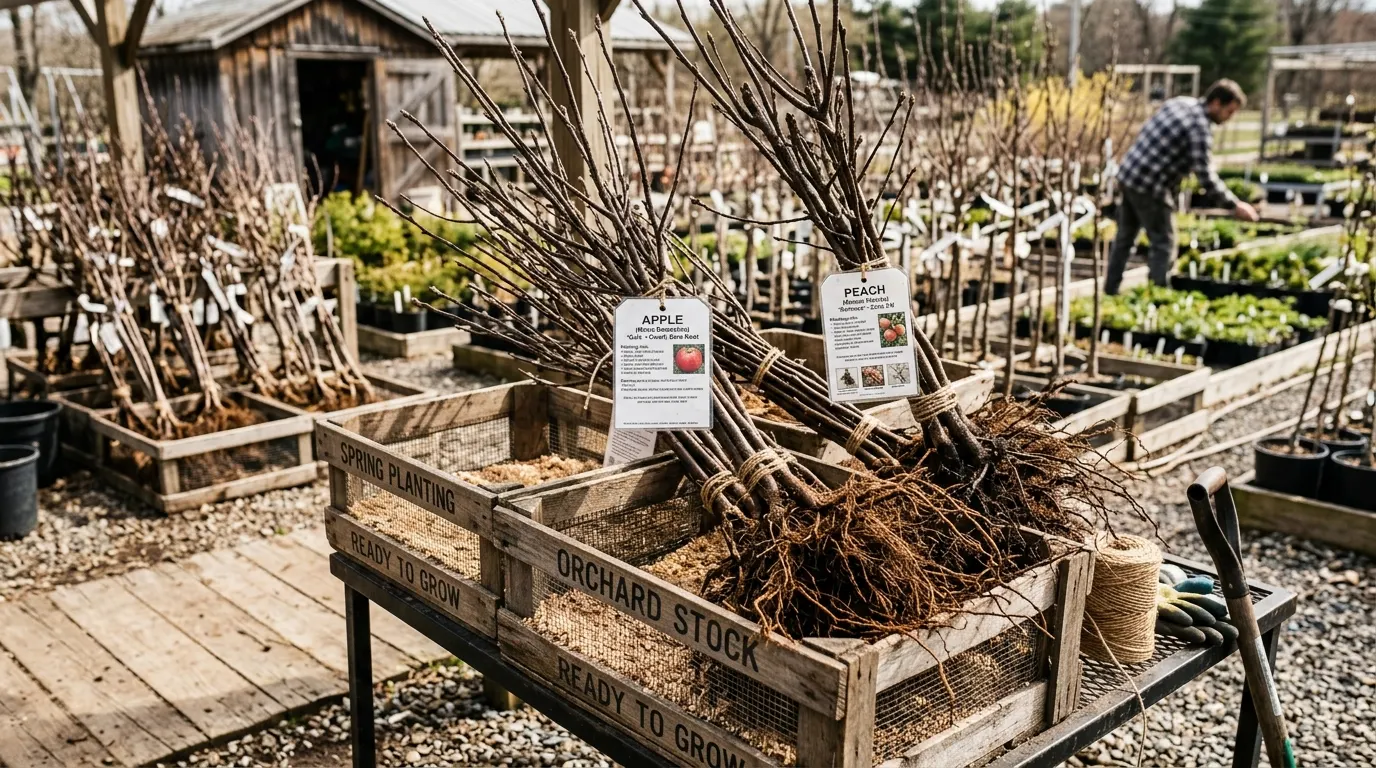 Dormant bare-root fruit trees prepared for nursery shipping