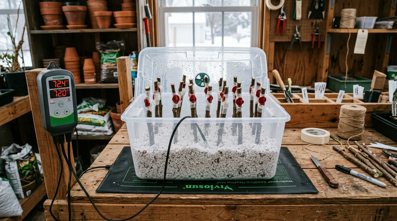 Illustrated graft callusing heat-mat and thermostat setup