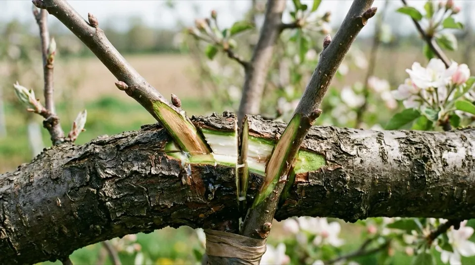 Cleft graft on mature fruit tree branch showing cambium alignment in split
