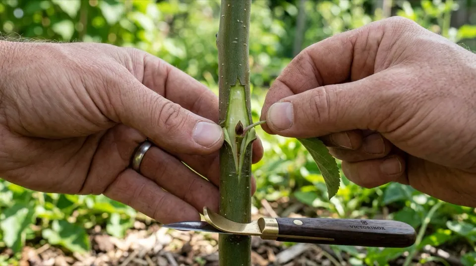 T-budding shield cut insertion on fruit tree stem in summer