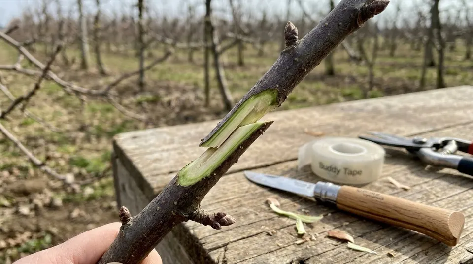 Fruit tree whip and tongue grafting cut with green vascular cambium alignment