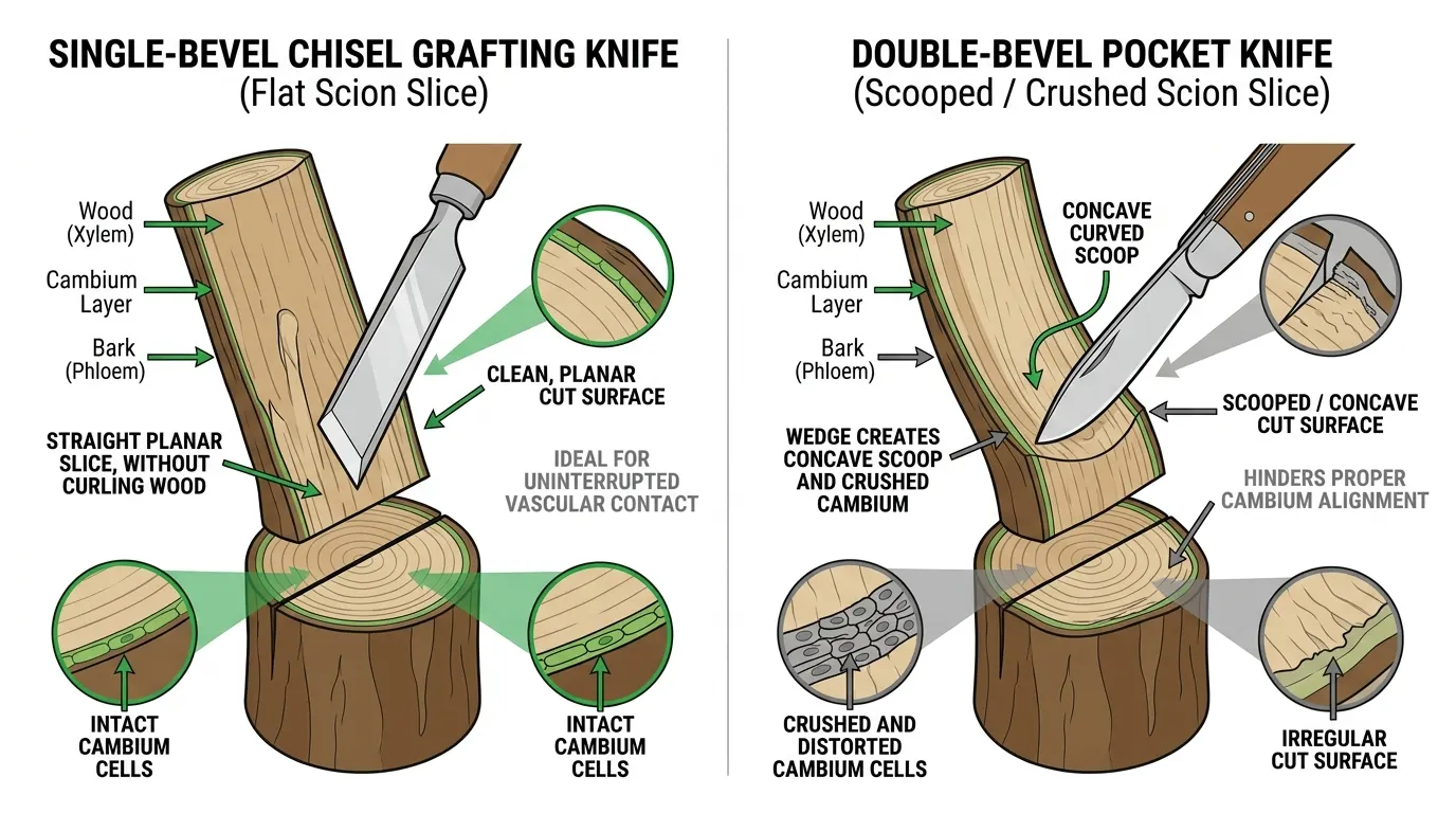 Diagram comparing single-bevel and double-bevel grafting knife cuts